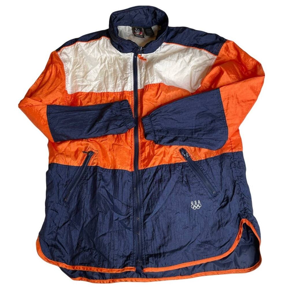USA Olympic Windbreaker Jacket Men's Medium Orange Navy White Full Zip Tracksuit